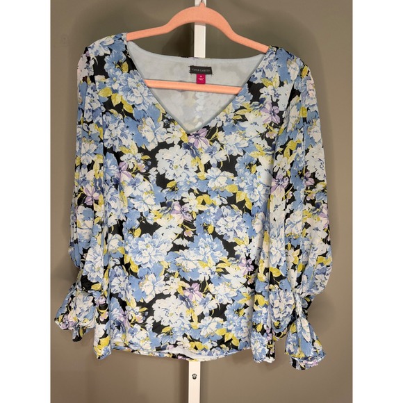 Vince Camuto Floral V-Neck Chiffon Blouse M NWOT Blue Purple Print Whimsical - Picture 3 of 10